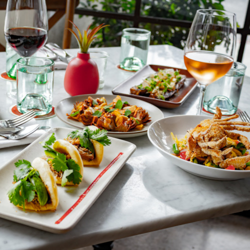 Various dishes and drinks on the table