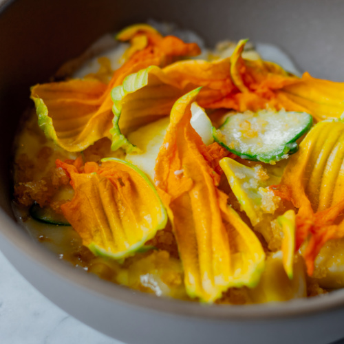 Squash blossoms on Corn Gnocchi